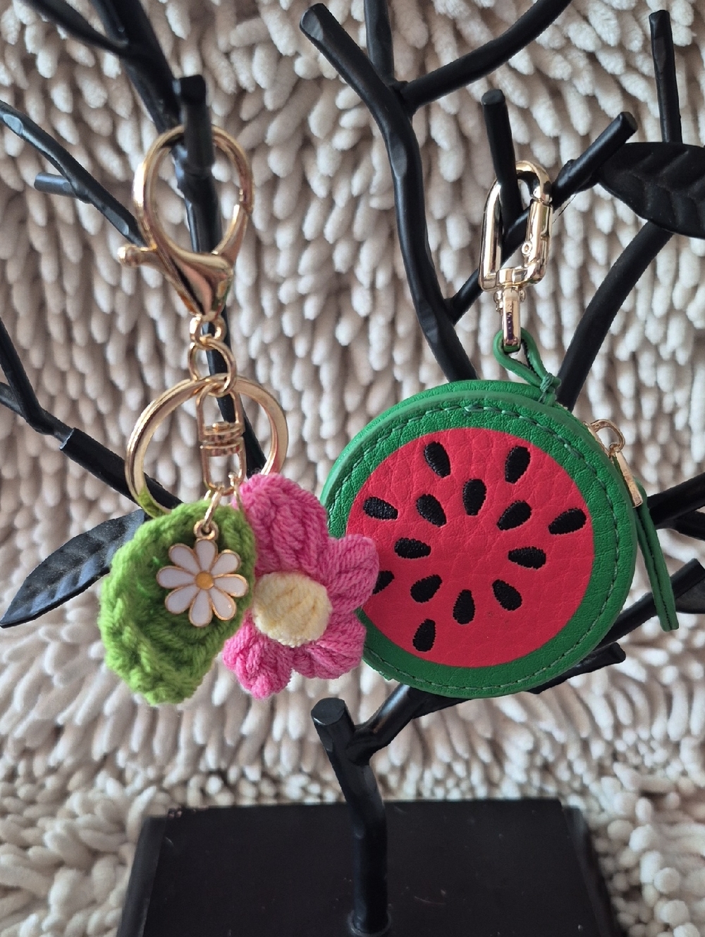Watermelon Coin Pouch Keychain AND Crocheted Floral Charm Keychain [K12]
